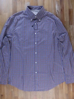 NO CUSTOMS TAX BRUNELLO CUCINELLI blue brown slim button-down plaid cotton shirt - Image 1 of 4