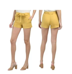 ⭐Sz M Women's short Indigo Rein mustard solid Linen Paper Bag Belted Shorts New⭐ - Picture 1 of 6