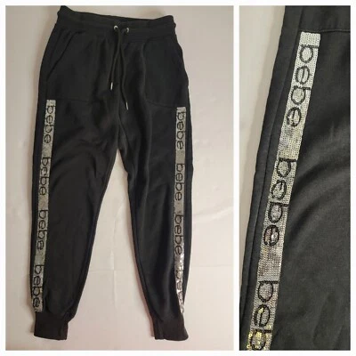 Bebe Sport Jogger Pants Womens Medium Silver Sequin Striped Black 90's Y2K  - Image 1 of 4