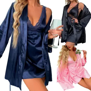 Women's Satin Short Nightdress with Robe Silk Lace Lingerie Nightgown Sleepwear - Picture 1 of 28