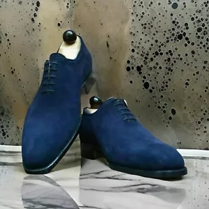 New Handmade Comfortable Genuine Blue Suede Oxford Lace up Formal Shoes For Men - Picture 1 of 5