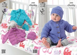 King Cole 3707 Knitting Pattern Baby Jackets Hat & Mittens in Comfort Chunky - Picture 1 of 2
