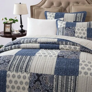 DaDa Bedding Cotton Bohemian Denim Blue Farmhouse Patchwork Floral Bedspread Set - Picture 1 of 14