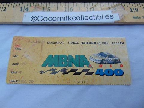 Vintage Sept 1998 Ticket Stub MBNA Gold 400 Dover Nascar Race Mark Martin Winner Cover