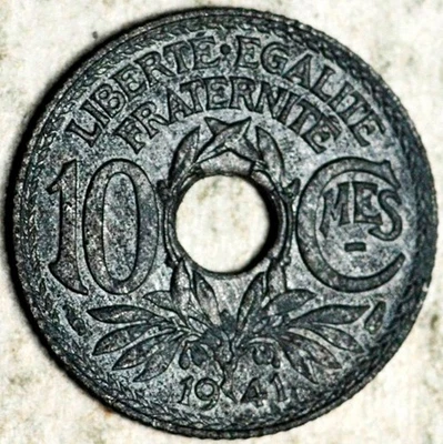 1941 FRANCE ZINC 10 CENTIMES (UNC!) DASH BELOW MES - Image 1 of 2