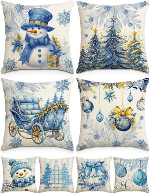 Fundas de Almohada Navidad 18×18 18 x 18 (Pack de 4), Muñeco de Nieve Azul Dorado de Lujo  Foto 1 de 4