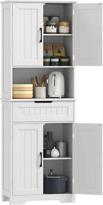 Credenza Cucina Alta, Mobile Dispensa Con Foro Passacavi E Piano Portamicroonde, - Immagine 1 di 4