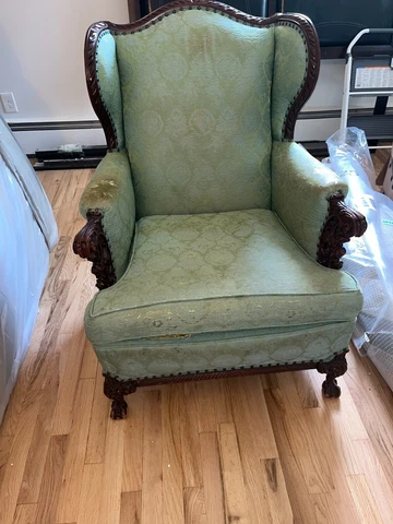 EARLY 20TH CENTURY WING CHAIR, HAND CARVED BALL & CLAW LEGS & ARM RESTS Cover