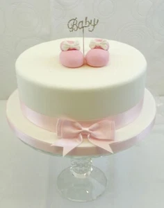 CHRISTENING CAKE DECORATION DIAMANTE BABY BOOTIES ORNAMENT CAKE RIBBON & BOW SET - Picture 1 of 8