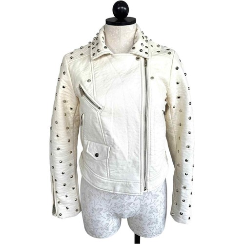 OFF WHITE Giacca Moto Zara Ecopelle Borchiata Off White Cerniera Asimmetrica Taglia S