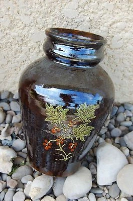 tres beau vase ancien en terre cuite vernissée peint - fleurs - fond marron//CL/ - Photo 1/4