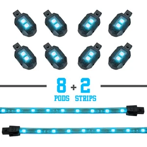 Light Blue - 8xPod + 2x8" Strips Single Color LED Accent Glow Light Motorcycle - Picture 1 of 8