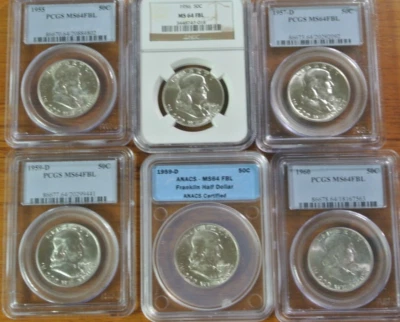 SIX MS 64 FBL HALF DOLLARS ,1955, 56, 57-D ,2-59-D, 1960 - Image 1 of 4