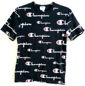Champion All Over Logo Print Black T-shirt size Small - Imagen 1 de 9