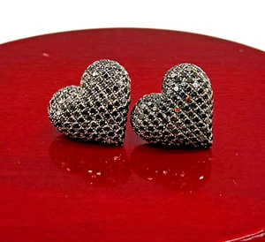 Black Rhodium Diamond 3D Heart Earrings, 10k Gold & Black Rhodium Screw Backs - Picture 1 of 9