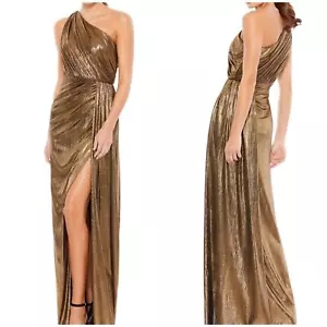 Mac Duggal IEENA NWT One Shoulder Grecian Metallic Antique Gown Gold Size 14 - Picture 1 of 14