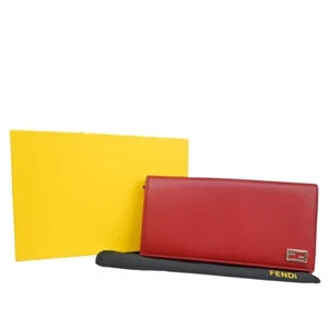 FENDI Logo Long Bifold Wallet Leather Red Gold Italy 64RH623 - Picture 1 of 15