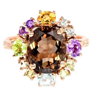 REAL AAA SMOKY QUARTZ AMETHYST PERIDOT CITRINE TOPAZ STERLING 925 SILVER RING 8 - Picture 1 of 6