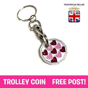 PINK HEARTS BFF Love Shopping Trolley £1 Pound Coin Token Fob Keyring Keychain