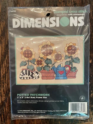 Dimensions Sunflower Cat Cross Stitch 1995 Potted Patchwork 7" x 5" VTG 6697 NOS - Image 1 of 3