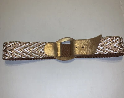 Linea Pelle Gold, Pink Metallic Leather Belt Size XL Woven Gold Buckle Fold over - Image 1 of 4