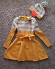 NWT Nula Bug Cotton Acrylic Knit Tie Waist Gold LS Sweater Dress + Hat Girl's S