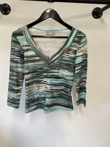 Wallis Size 14 Green Mix Stretchy V Neck Top. 3/4 Sleeves Viscose Elastane A788 - Picture 1 of 6