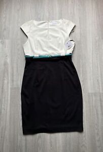 Calvin Klein Ponte Polyesterester Career Dress Size 12 Ivory Black W/ Blue Belt