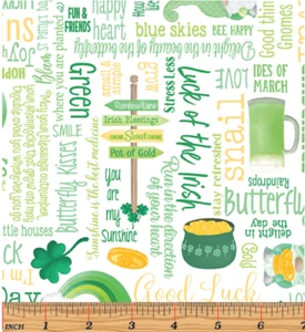 Lucky Gnomes - Lucky Words White Cotton Fabric by the Yard - Picture 1 of 1