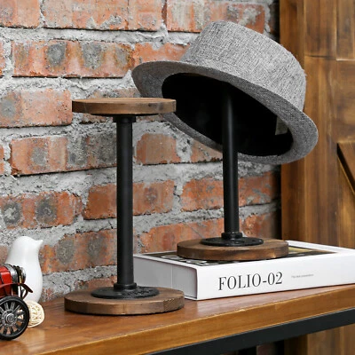 Industrial Metal Pipe and Rustic Burnt Wood Tabletop Hat Wig Stand, Set of 2 - Image 1 of 4