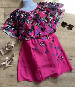 Beautiful Bright Pink Butterfly Print Short Satin Lined Dress Angel Sleeve Sz 16 - Picture 1 of 10