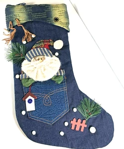 Handgefertigter großer Denim 3D Weihnachtsstrumpf Santa Tasche Kiefer Leder Schnürsenkel/Neu ohne Etikett - Bild 1 von 7