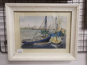 AQUARELLE Peinture PORT Tableau Cadre Bateaux Voilier Chalutier ART 12TBL 19/12 - Imagen 1 de 9