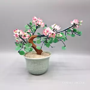 Vintage Chinese Jade Quartz Stone Glass Flower Bonsai Tree 8" x 9" Celadon - Picture 1 of 13
