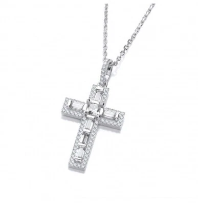 Baguette Diamond Cross With Chain Solid Sterling Silver 925 Luxurious Packaging - Image 1 of 3
