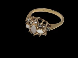 Vintage Gold Tone Costume Cocktail Ring Faux Navette Opal Rhinestones Size 8 - Picture 1 of 19
