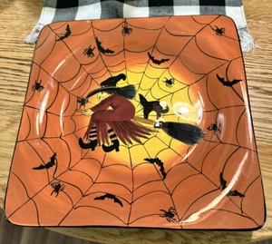 Halloween 11” GATES WARE by Laurie Gates Flying Witch Cat Bats Spiders Platter - Picture 1 of 9