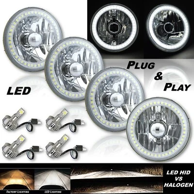 5-3/4" White SMD LED Halo Angel Eye Crystal Headlight & 6k LED Bulb Set of 4 Foto 1 de 4