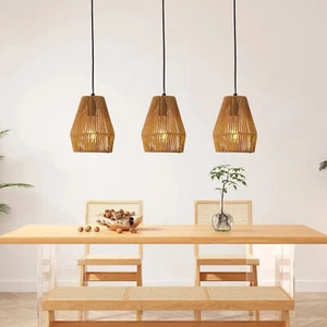 3 Pack Boho Hanging Pendant Light Modern Woven Rattan Fixture for Kitchen Island - Picture 1 of 12