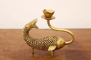 Candle Holder Brass Candle Stand Fish Statue Home Interior Decor Collectible Art - Picture 1 of 6