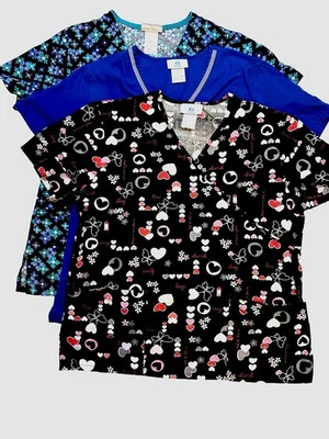 SB Scrubs (Lot Of 3) Scrub Tops - Size Medium - Hearts - Valentines Black - Blue - Image 1 of 4