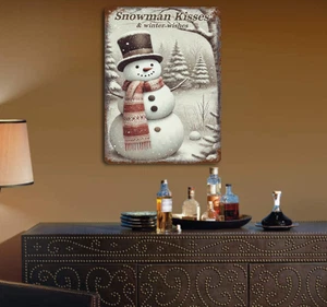 Letrero de pared de metal vintage de vacaciones muñeco de nieve deseos de invierno de granja decoración del hogar 12x16 - Imagen 1 de 4