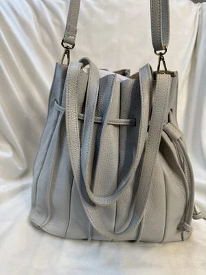 Made In Italy Designer Gray Leather Bucket Tote Hobo Shoulder Bag - Image 1 of 4