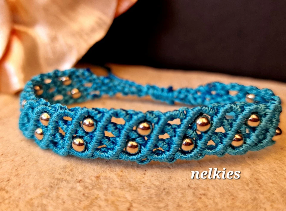 Makramee Armband Türkis Gold Perlen Wachsband Freundschaftsband Geknüpft Boho - Bild 1 von 2