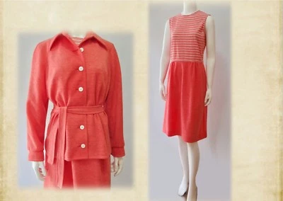True Vtg 70s Mid Century Mod Knit Orange Day Walking Dress Jacket S M - Image 1 of 4