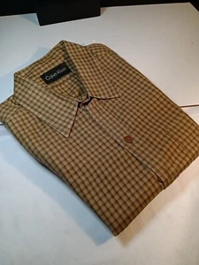 Calvin Klein Men's Large Long Sleeve Tan Plaid Button-Up Shirt, 16-16.5 Neck - Picture 1 of 8