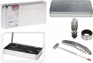Wine Bottle Opener 4 Piece Wine Tin Corkscrew Pourer Thermometer Accessories Set - Picture 1 of 5