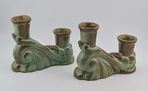 Two (2) Vintage Frankoma Candle Holder Pottery Glazed Prairie Green Double #304 - Picture 1 of 6