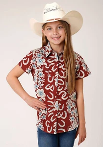 Roper Kids Girls Hawaiian Horseshoes Red 100% Cotton S/S Shirt - Picture 1 of 4