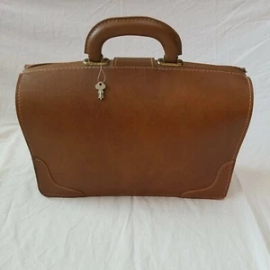 Cheney Key & Lock Satchel Attache Handle Tan Doctors Bag Vinyl Vintage Briefcase - Picture 1 of 12